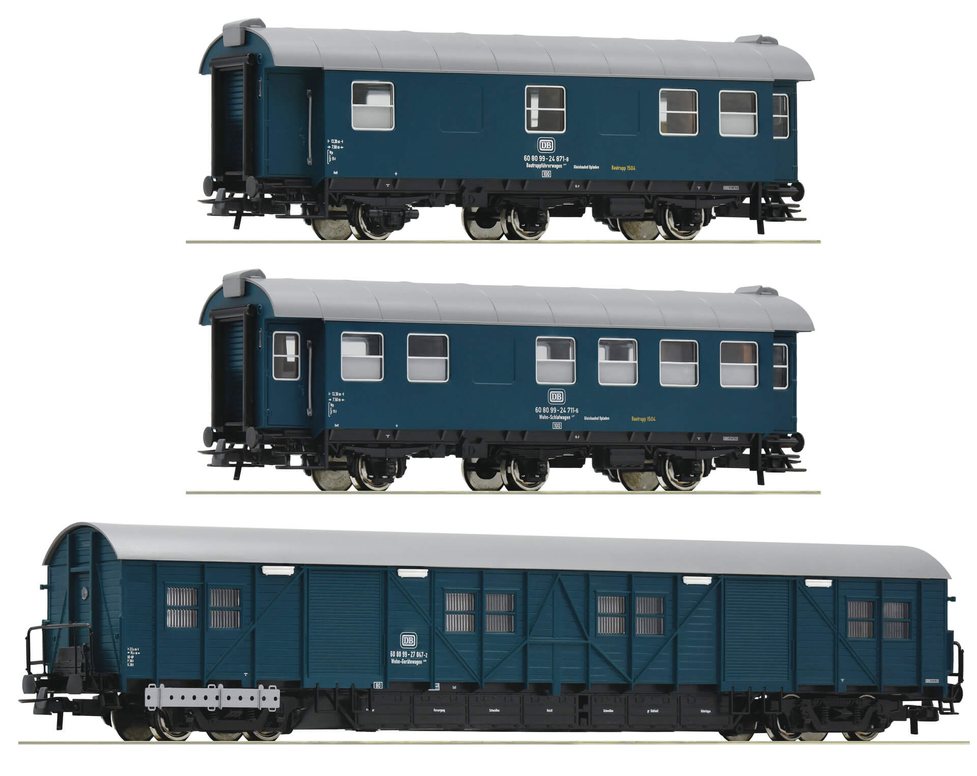 H0 Bauzugwagen Set der DB blau dreiteilig Roco 67198