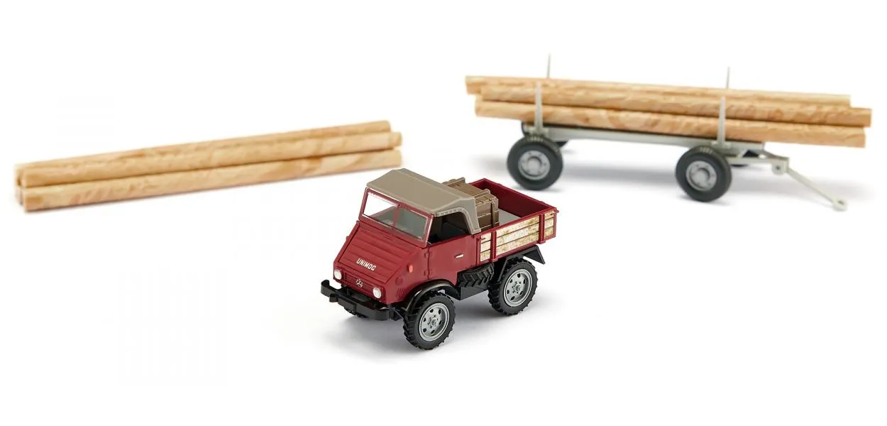 Wiking 087006 Unimog U 411 mit Langholzanhänger braunrot