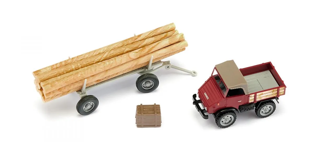 Wiking 087006 Unimog U 411 mit Langholzanhänger braunrot
