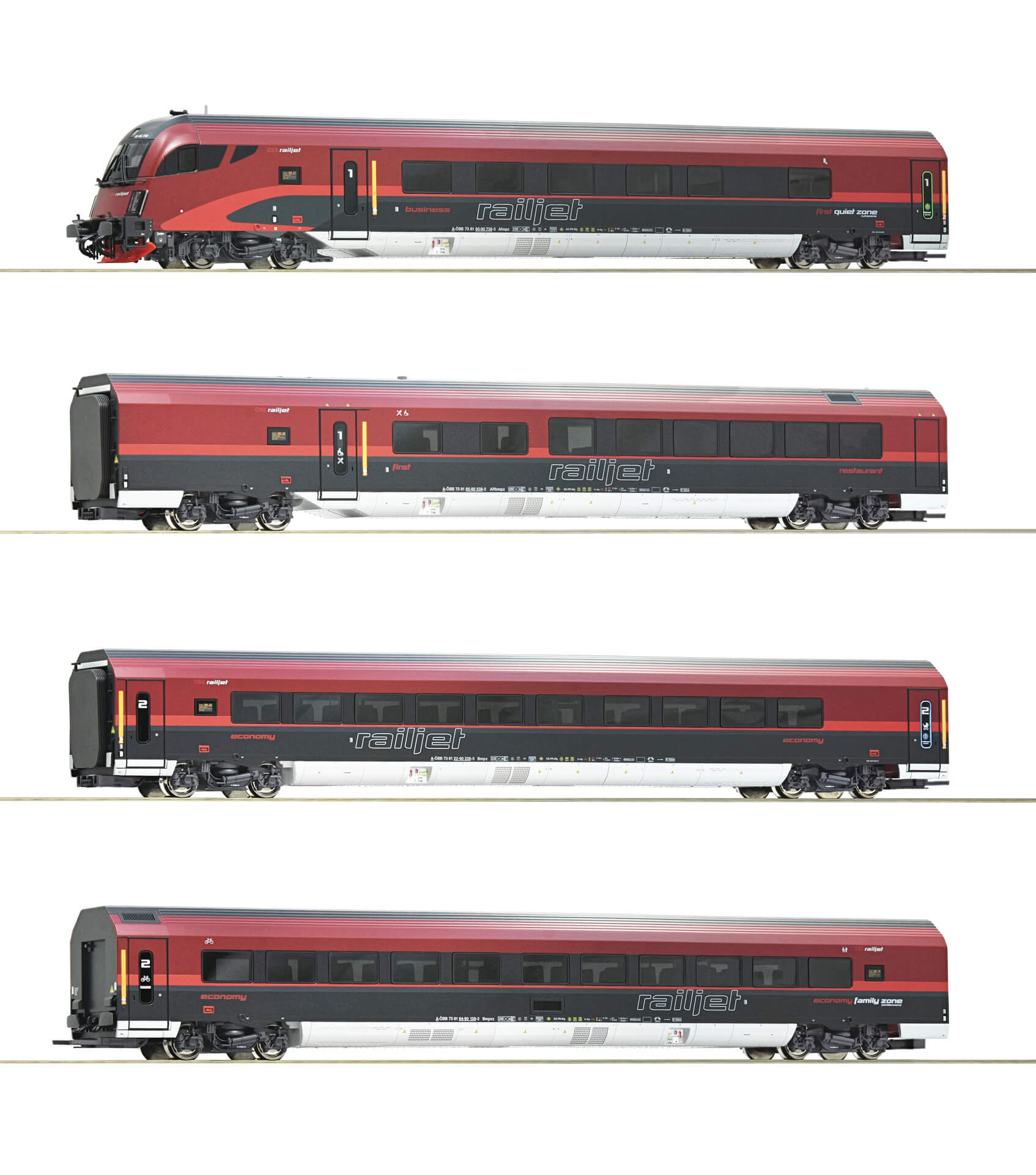 Roco 74085 H0 4-teiliges Railjet Wagenset der ÖBB AC für Märklin Schienen