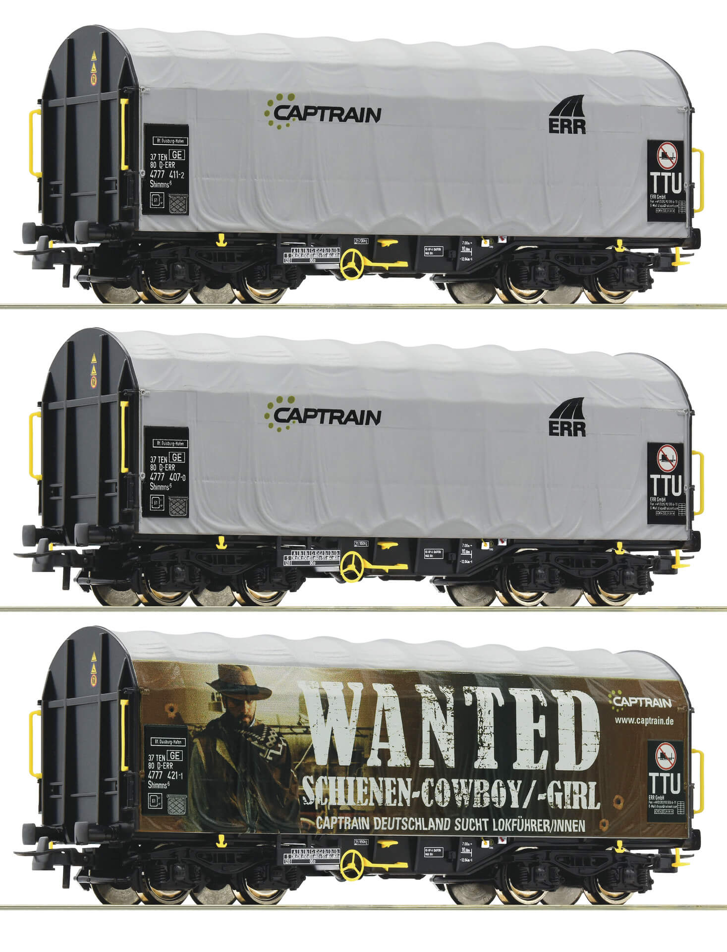 Roco 76054 H0 3-teiliges Set Schiebeplanenwagen Captrain WANTED